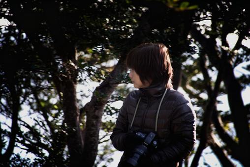 <素材>冬の観光地の森で写真を撮る女性 <素材>冬の観光地の森で写真を撮る女性 女性,人物,風景の写真素材