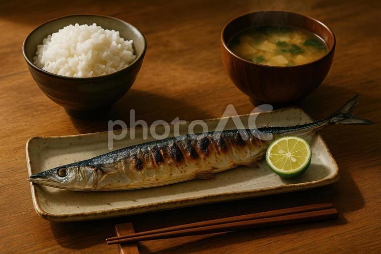 秋刀魚の塩焼き膳 秋,秋刀魚,サンマの写真素材