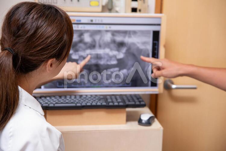 レントゲン写真を確認する歯科衛生士 レントゲン,歯医者,歯科医院の写真素材