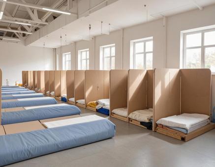 避難所で間仕切りされた個別空間の写真