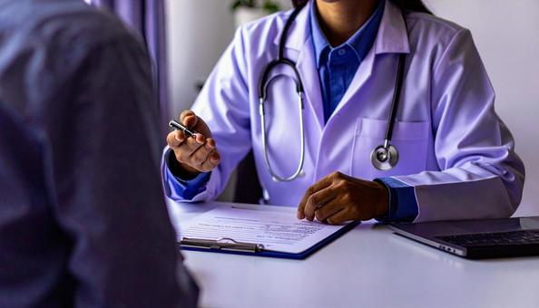 身振り手振りで患者に説明をする女医 身振り手振りで患者に説明をする女医の写真