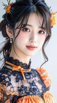 ハロウィンの仮装 女性 オレンジ色ドレス ハロウィンの仮装 女性 オレンジ色ドレスの写真