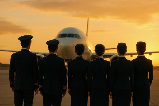 飛行機を背景に並ぶ乗務員たちの後ろ姿 飛行機を背景に並ぶ乗務員たちの後ろ姿の写真