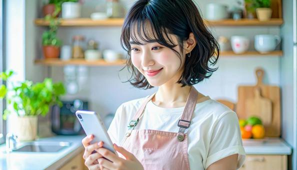 スマホでポイ活する笑顔の女性 スマホでポイ活する笑顔の女性の写真