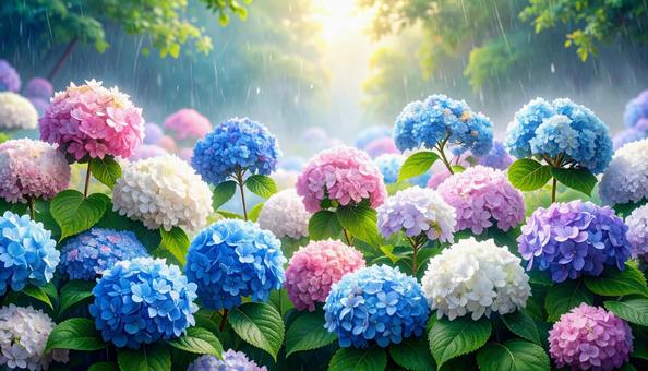 梅雨に一面咲く満開の紫陽花の写真