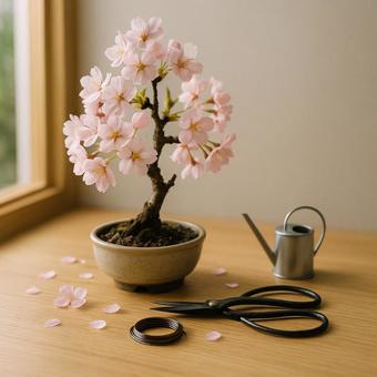 桜盆栽と剪定ばさみの写真