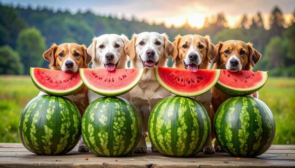 スイカをくわえる5匹の犬たち スイカをくわえる5匹の犬たちの写真