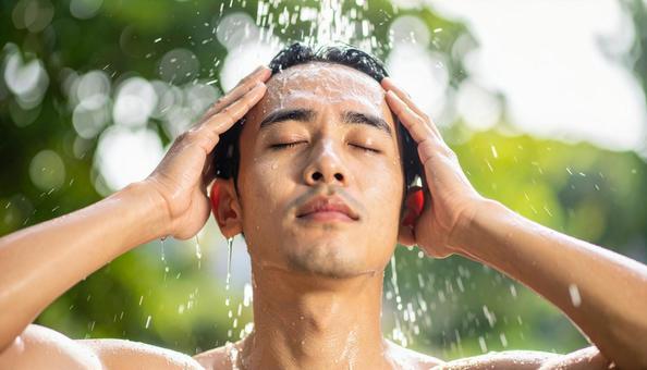 猛暑 頭から水を浴びる男性 猛暑 頭から水を浴びる男性の写真