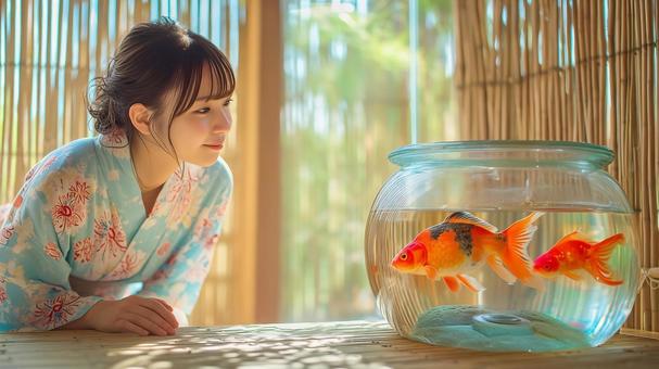 水槽を泳ぐ金魚と浴衣を着た女性 水槽を泳ぐ金魚と浴衣を着た女性の写真