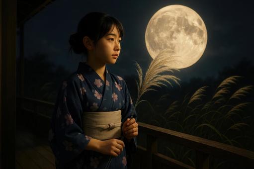 ススキを手に持つ浴衣姿の少女 ススキを手に持つ浴衣姿の少女の写真