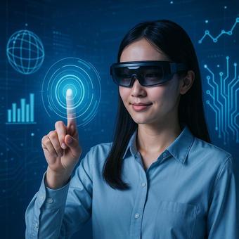 テクノロジー空間(青シャツ女性) テクノロジー空間(青シャツ女性)の写真