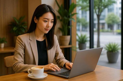 カフェでリモートワークする女性 カフェでリモートワークする女性の写真