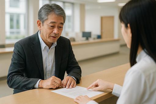 役所窓口で相談する中年男性 役所窓口で相談する中年男性の写真