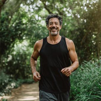 笑顔で走る男性ランナー 笑顔で走る男性ランナーの写真