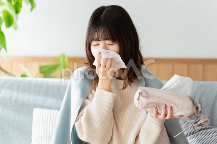 風邪を引いて鼻をかむ女性 女性,風邪,鼻をかむの写真素材