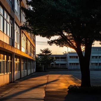 夕焼けに染まる放課後の静かな校舎 夕焼けに染まる放課後の静かな校舎の写真