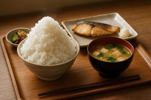 和定食の白ご飯が山のように盛られているの写真
