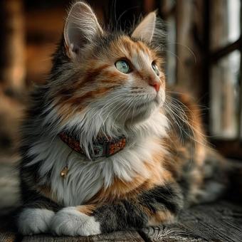 木造の家ともふもふの三毛猫の写真