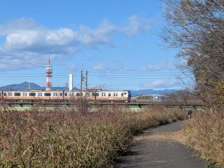 河川敷の風景 3 河川敷,浅川,鉄橋の写真素材