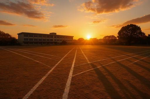 夕暮れの運動場 夕暮れの運動場の写真