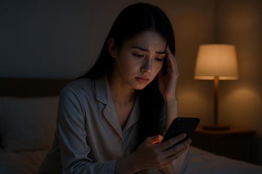 スマホを見て頭を抱える女性 スマホを見て頭を抱える女性の写真