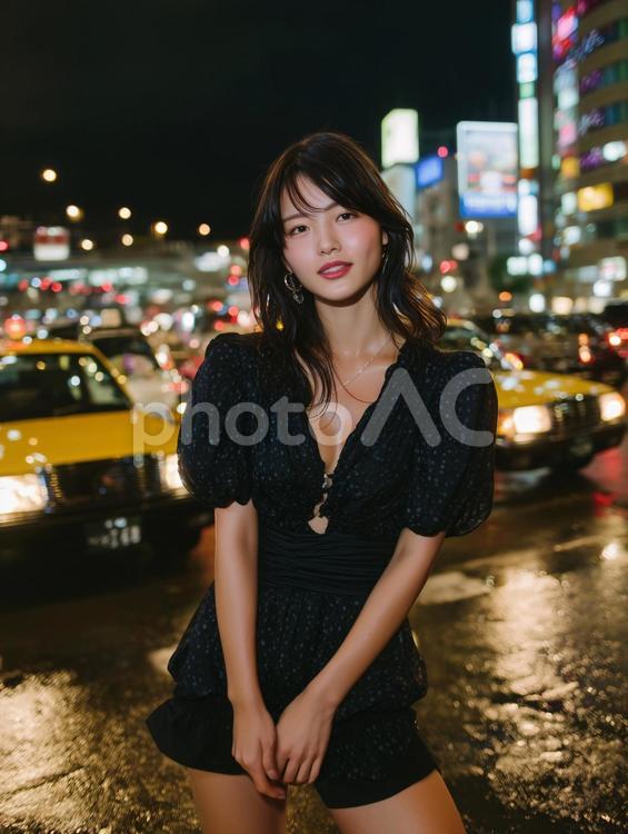 旅行先の夜を楽しむ黒いワンピースの女性 女性,人物,美少女の写真素材