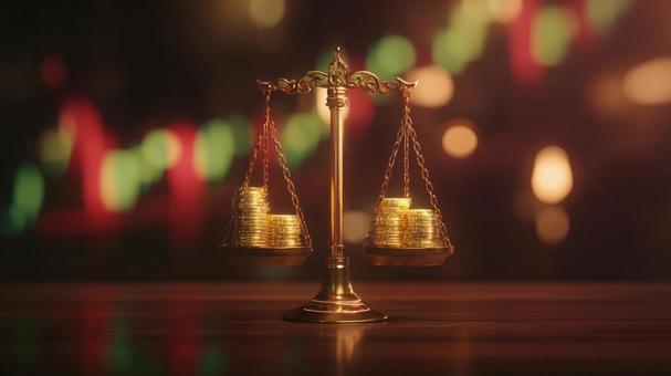 金貨が載せられたアンティークな天秤の写真