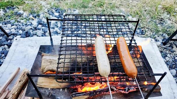 キャンプ場で焚き火の焼きソーセージ２本 焚き火,キャンプ,ソーセージの写真素材