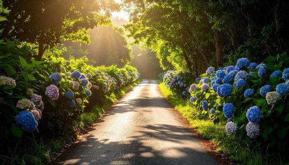 アジサイが咲き乱れるのどかな細い道 アジサイが咲き乱れるのどかな細い道の写真