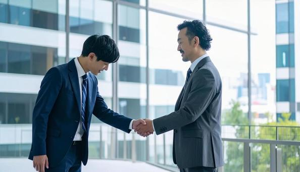 握手しながら謝罪するビジネスマンの写真