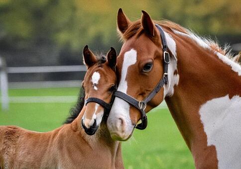 仲良く顔を寄せる馬の親子 動物,サラブレッド,馬の写真素材