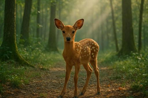 森に佇みこちらを見つめる小鹿 森に佇みこちらを見つめる小鹿の写真