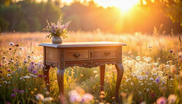夕暮れの花畑に置かれたアンティークな机 夕暮れの花畑に置かれたアンティークな机の写真