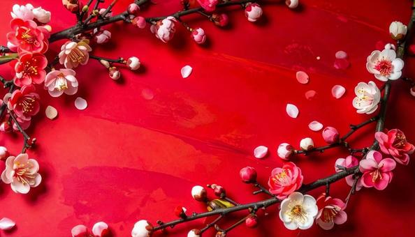 年賀状背景 赤い和紙 梅の花 和風 年賀状背景 赤い和紙 梅の花 和風の写真