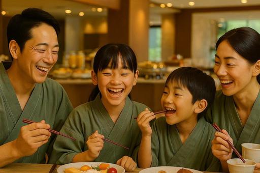 ビュッフェで食事を楽しむ家族 ビュッフェで食事を楽しむ家族の写真