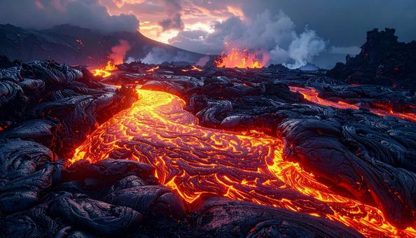火山地帯を流れる赤熱の溶岩の写真