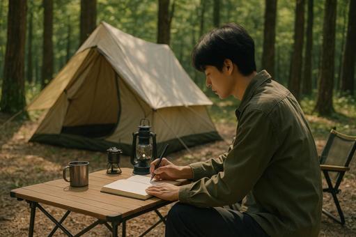 キャンプ場で日記を書く風景 キャンプ場で日記を書く風景の写真