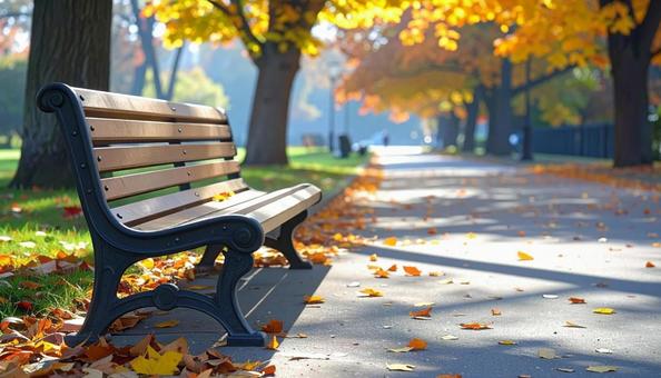 秋の公園のベンチと落ち葉 秋の公園のベンチと落ち葉の写真