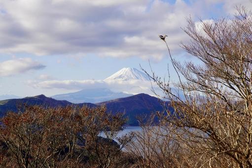 雲がかかる富士山と芦ノ湖 富士山,山,自然の写真素材