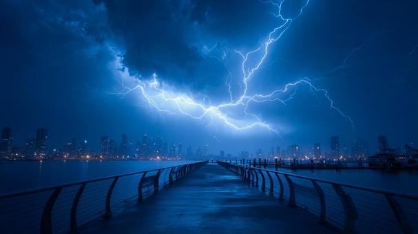 雷光が照らす桟橋 雷光が照らす桟橋の写真