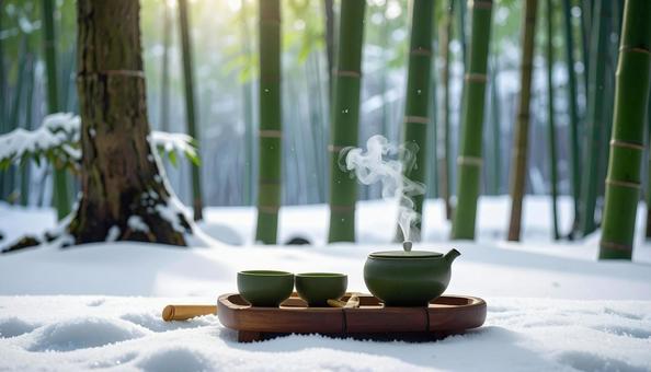 雪の積もった竹林と抹茶と急須 雪の積もった竹林と抹茶と急須の写真