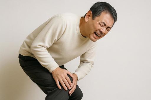 膝の痛みに顔をしかめる中年男性 膝の痛みに顔をしかめる中年男性の写真