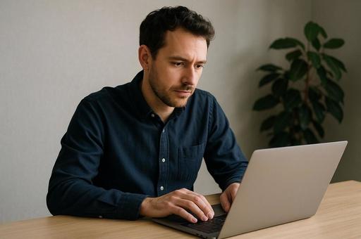 ノートパソコンで仕事をする男性 ノートパソコンで仕事をする男性の写真