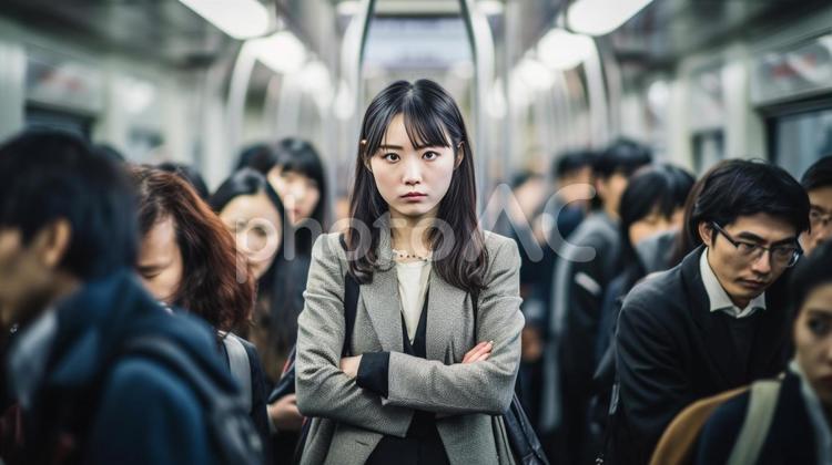 満員電車で通勤するオフィスレディ 女性,人物,電車の写真素材