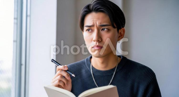 ペンを持ち考え込む若者の勉強シーン 男性,若者,学生の写真素材