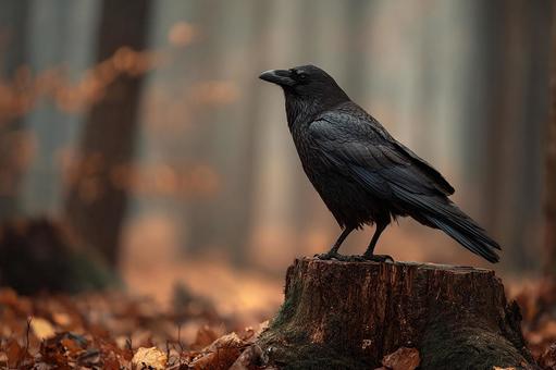 一羽の鳥が立つ切り株と紅葉背景の写真
