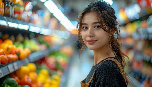 スーパーで買物をする女性のポートレート スーパーで買物をする女性のポートレートの写真