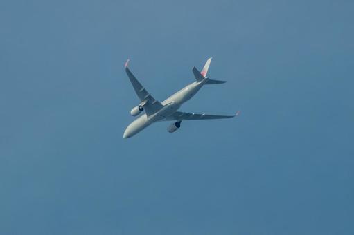地平線上空を飛行中の旅客機 飛行機,航空機,旅客機の写真素材