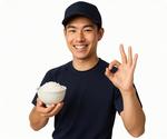 黒服で笑顔の男性のオッケーの指と白米 男性,男の子,男の写真素材