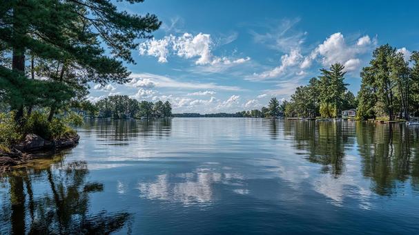木々に囲まれた美しい湖の写真